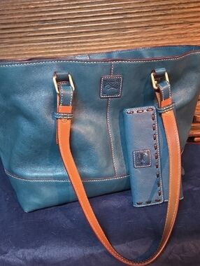Teal Leather Tote Bag with Tan Straps